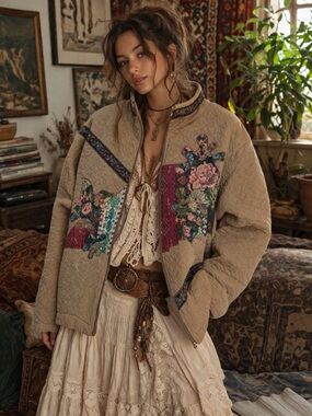 RAFAEL Tan Quilted Jacket with Floral Embroidery cottagecore cabincore grandma